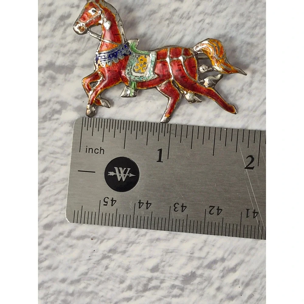 Vintage Siam Sterling Silver Enamel Horse Brooch Equestrian Pin Red Multi